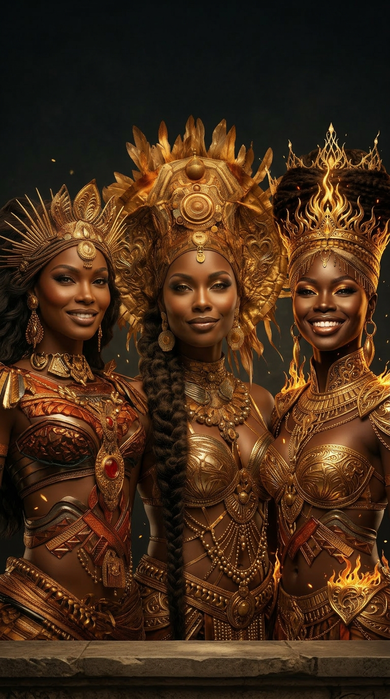 The three goddesses Ebora, Sefara, and Luminara haloed in golden light